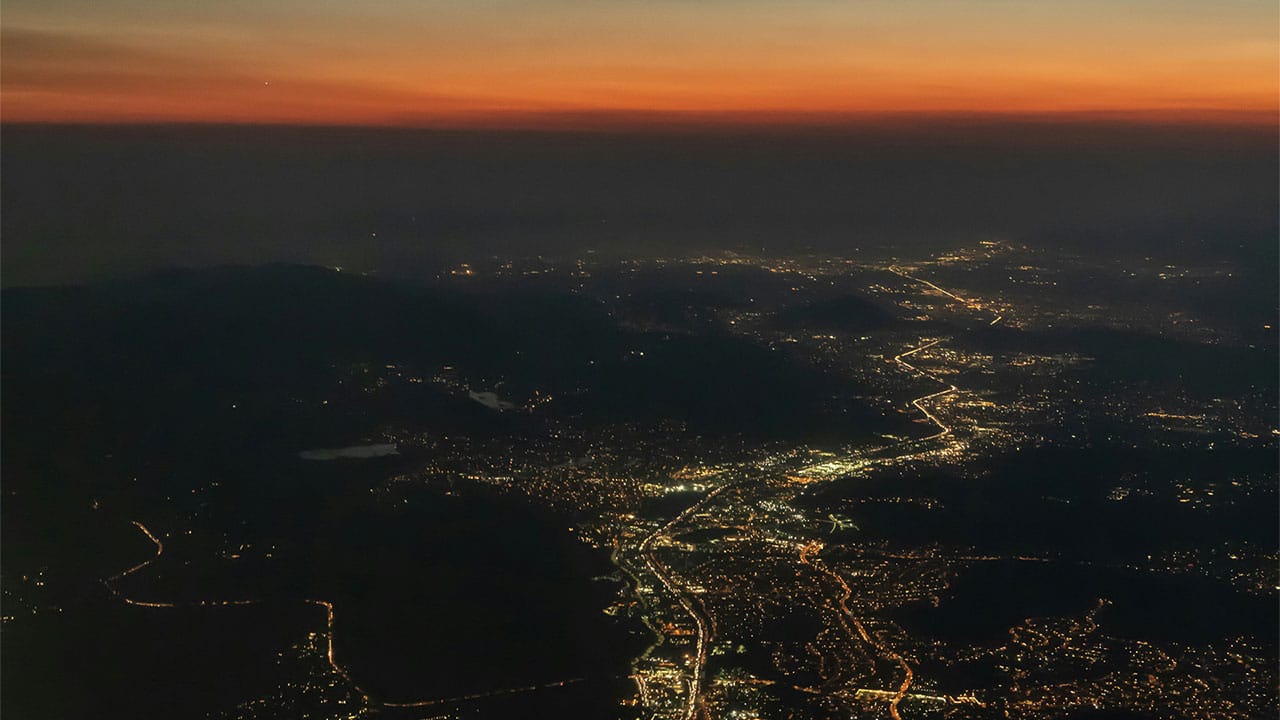 Aerial view of city lights at night