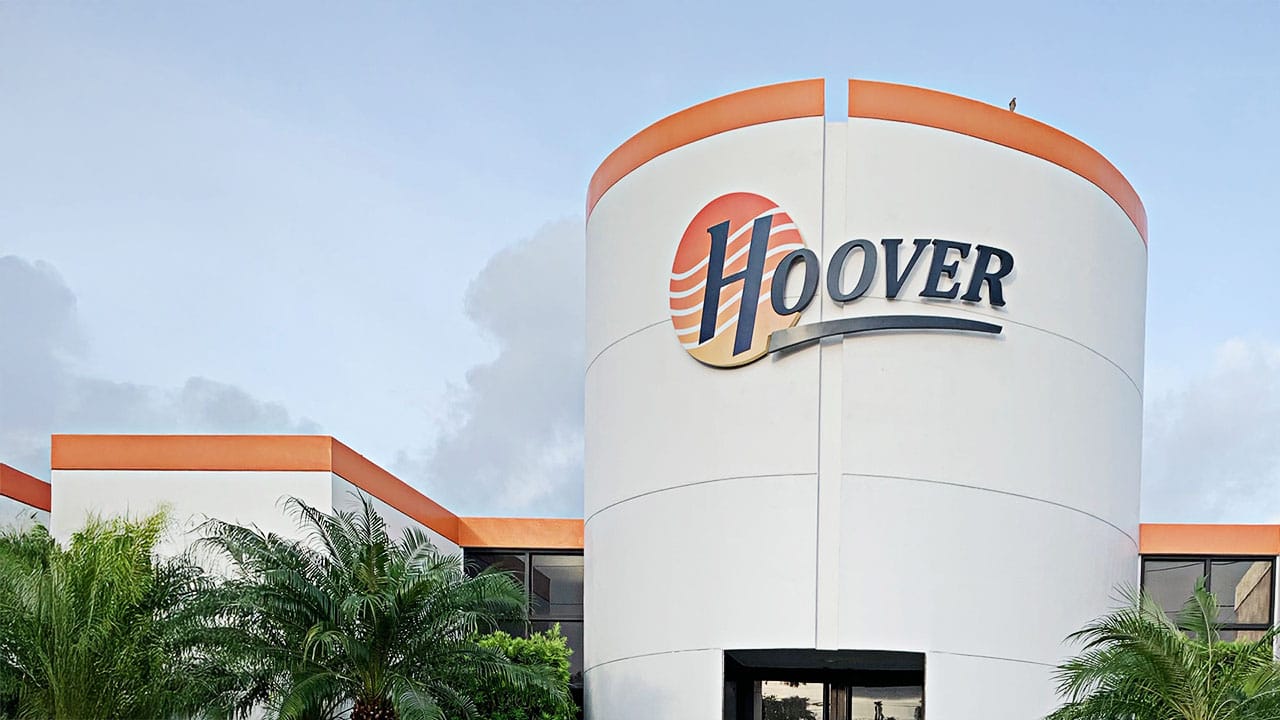 Front of the Hoover building with blue sky in the background Front of the Hoover building with blue sky in the background