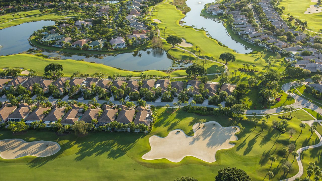 Morning aerial view of golf community in South Florida