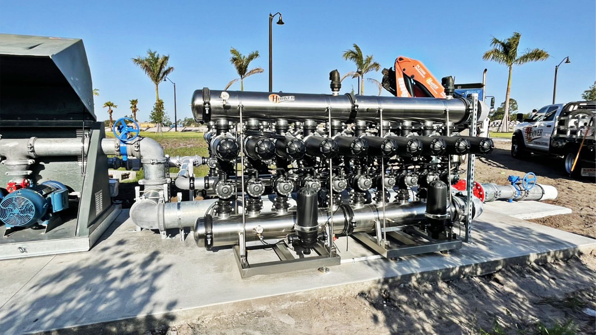 Front view of a Hoover pump station showing the filters