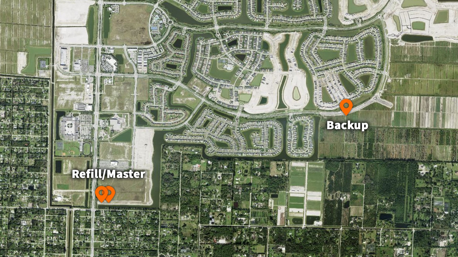 Satellite map of Westlakes showing refill/master and backup locations
