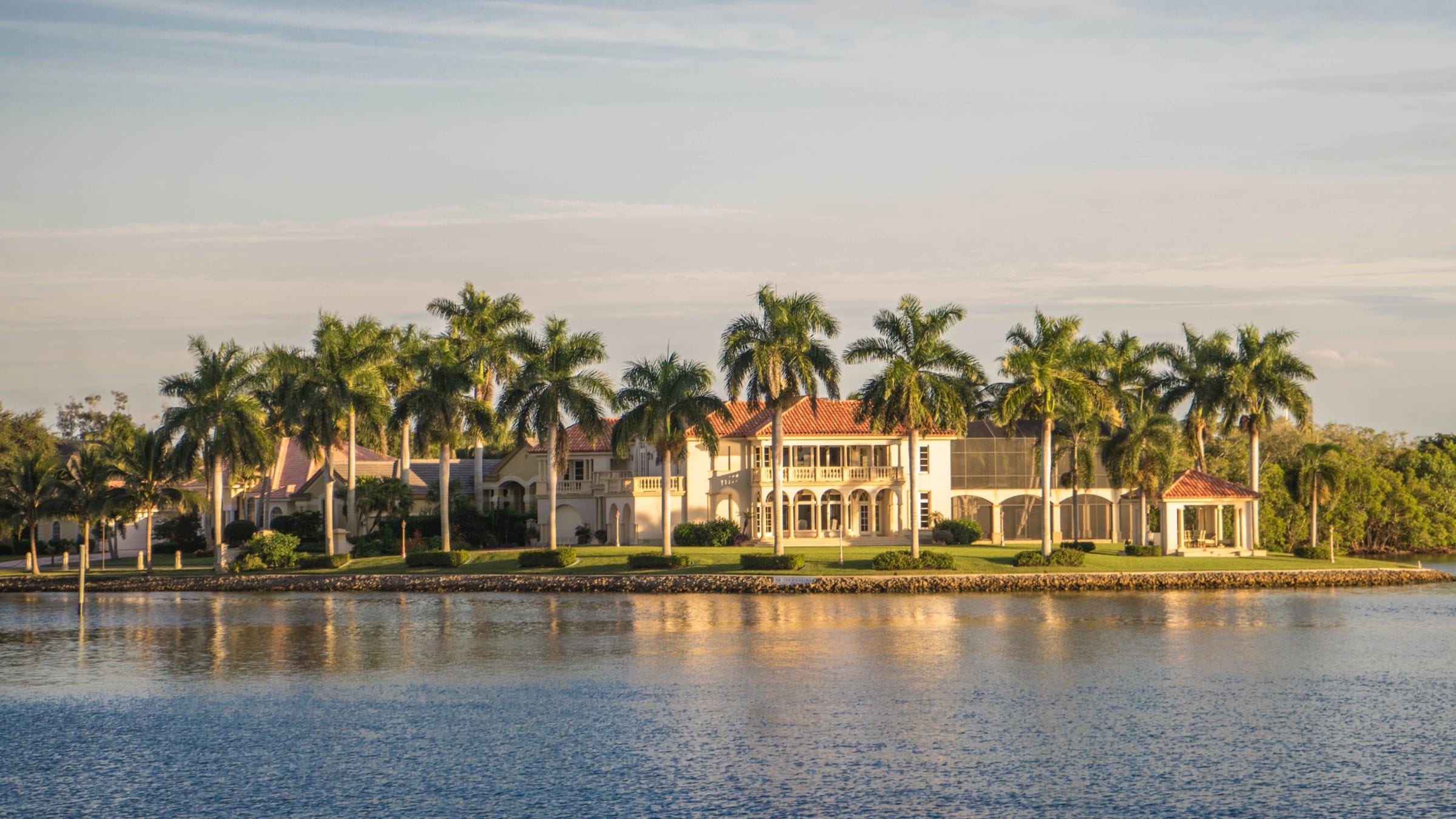 Houses nestled between palm trees in front of water