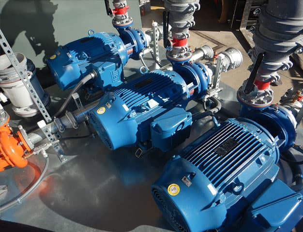 Blue turbine pumps from an irrigation pump station